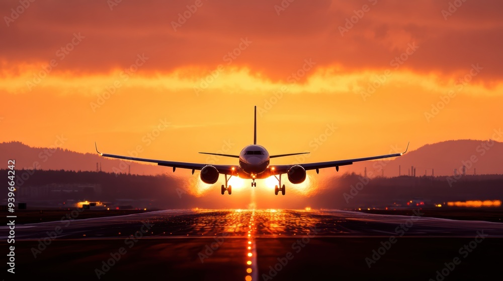 Airplane landing on runway at sunset, with sky glowing in vibrant red and orange hues, capturing the beauty of aviation and travel. Airplane landing on runway at sunset, with sky glowing in vibrant red and orange hues, capturing the beauty of aviation and travel.