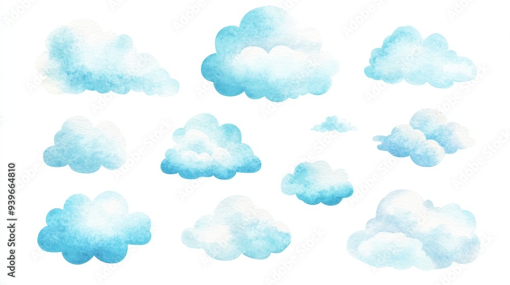 Clouds set. White background. Watercolor illustrations Clouds set. White background. Watercolor illustrations