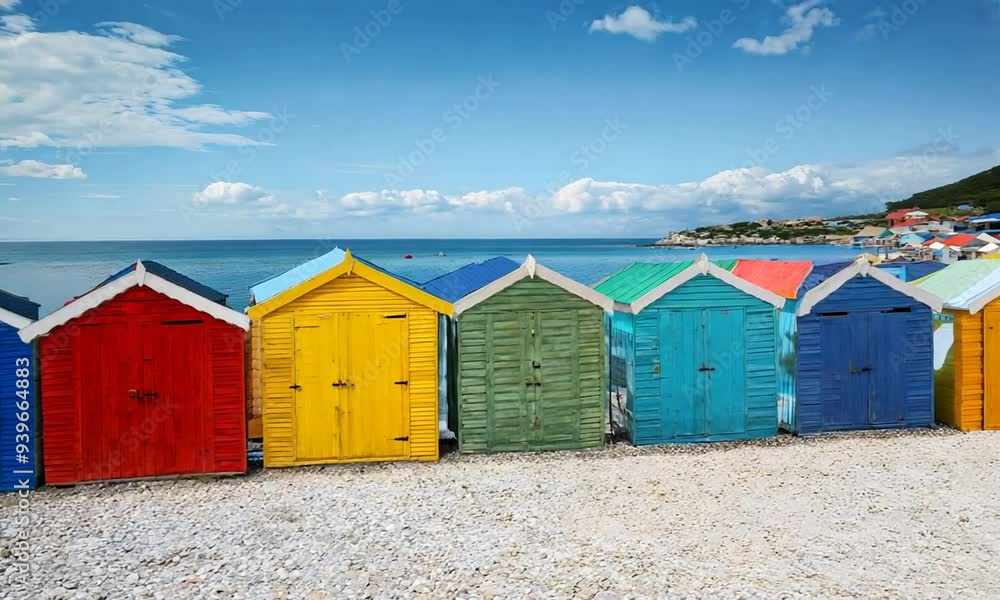 a row of colorful beach huts sitting on top of a sandy beach a row of colorful beach huts sitting on top of a sandy beach