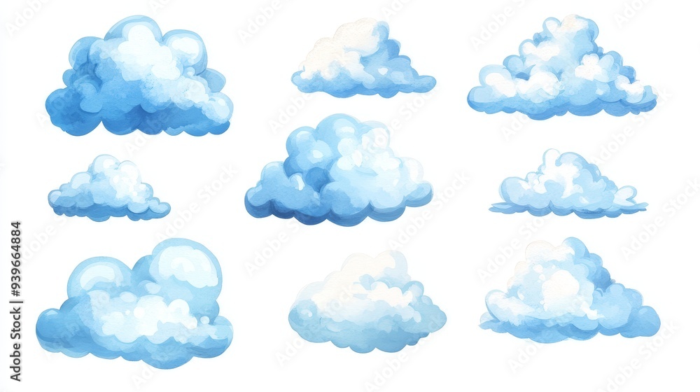Clouds set. White background. Watercolor illustrations Clouds set. White background. Watercolor illustrations