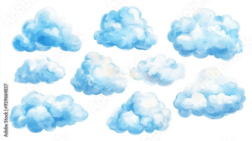 Clouds set. White background. Watercolor illustrations