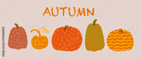 five uniquely patterned pumpkins with "AUTUMN" above, capturing a whimsical, rustic mood. Ideal for seasonal posters, invitations, or decorations