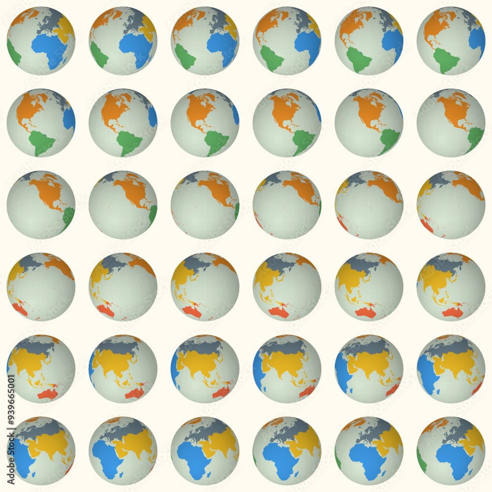 Collection of earth globes. Slanted sphere view. Rotation step 10 degrees. Colored continents style. World map with graticule lines on warm background. Exceptional vector illustration. Collection of earth globes. Slanted sphere view. Rotation step 10 degrees. Colored continents style. World map with graticule lines on warm background. Exceptional vector illustration.