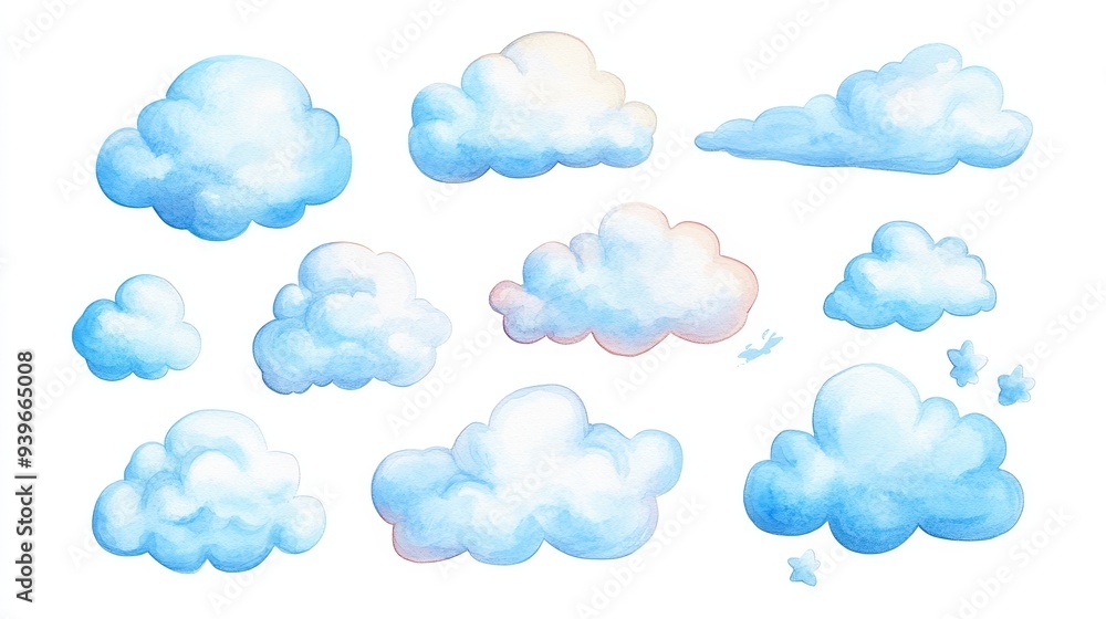 Clouds set. White background. Watercolor illustrations Clouds set. White background. Watercolor illustrations