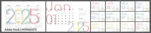 Desktop or wall horizontal calendar template for 2025. Set of 12 pages and cover. English, A4.