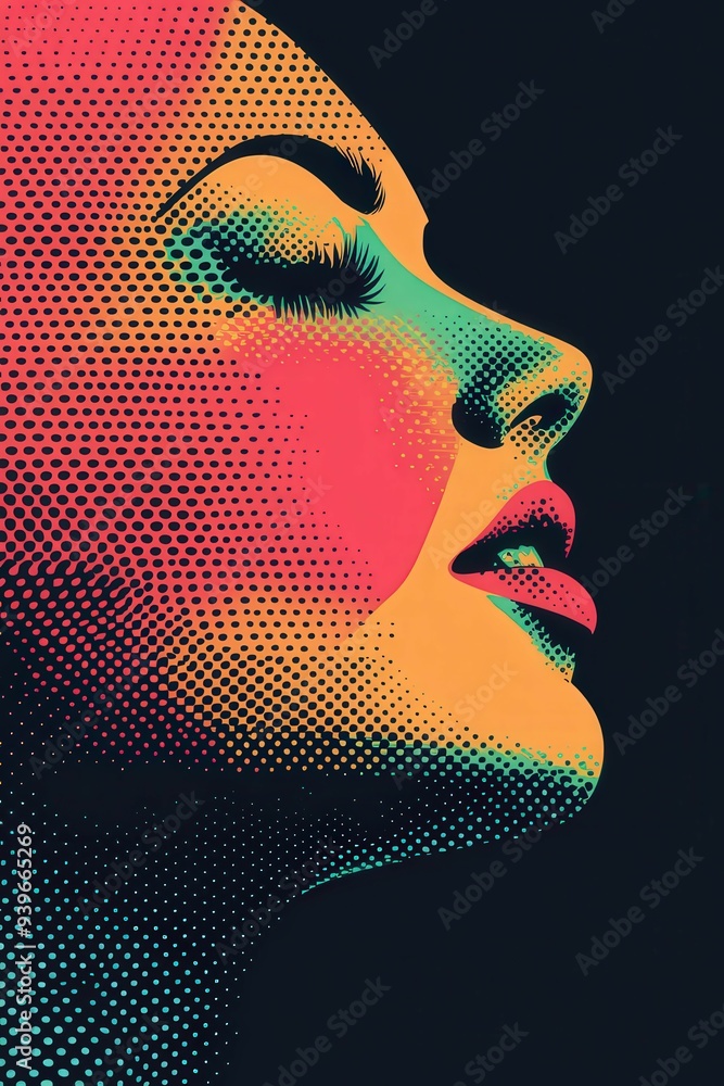 Fototapeta premium Vibrant pop art portrait of a woman with colorful halftone effects