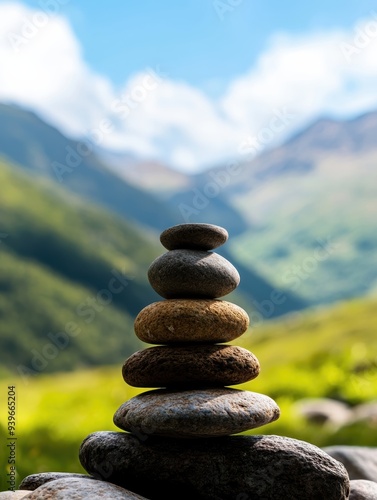 Balanced stack of smooth stones in a serene mountain landscape with a calm blue sky in the background.