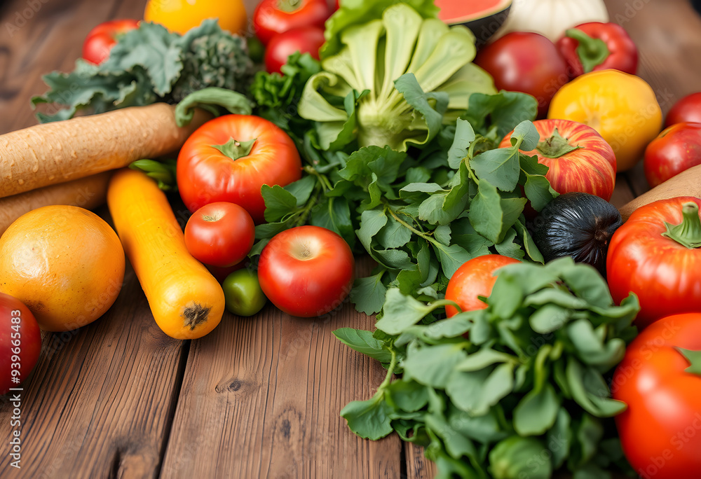 Rustic Wooden Table with Fresh Produce: A close-up of a rustic wooden table adorned with fresh fruits and vegetables. Rustic Wooden Table with Fresh Produce: A close-up of a rustic wooden table adorned with fresh fruits and vegetables.