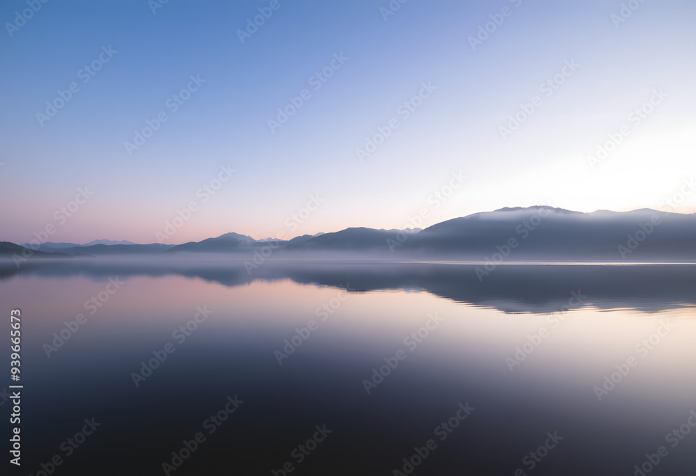 Serene Lake at Sunrise: A calm lake reflecting the soft hues of dawn, surrounded by misty mountains. Serene Lake at Sunrise: A calm lake reflecting the soft hues of dawn, surrounded by misty mountains.