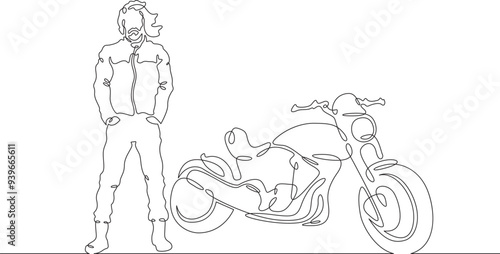 Continuous one line drawing biker standing by his motorcycle. Motorcyclist by his bike. Motorcycle racing driver. One continuous line isolated minimal illustration.