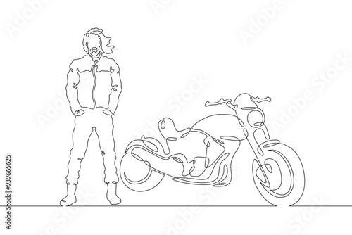 Continuous one line drawing biker standing by his motorcycle. Motorcyclist by his bike. Motorcycle racing driver. One continuous line isolated minimal illustration.