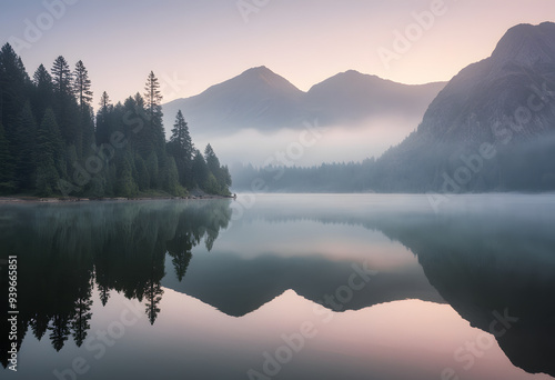 Serene Lake at Sunrise: A calm lake reflecting the soft hues of dawn, surrounded by misty mountains.