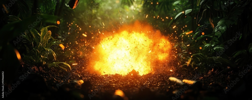 Artillery shell midexplosion in a dense jungle, Guerrilla Warfare ...