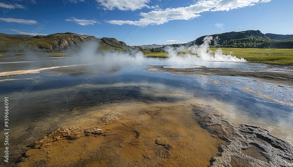 Hot spring tour with steam rising in a volcanic landscape, Nature Tour, Geothermal Wonders Hot spring tour with steam rising in a volcanic landscape, Nature Tour, Geothermal Wonders