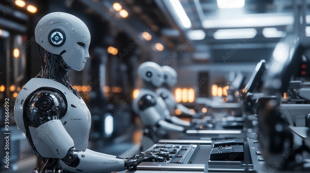 A futuristic factory where robots and AI-powered systems are working together seamlessly, showcasing the potential for AI to revolutionize manufacturing A futuristic factory where robots and AI-powered systems are working together seamlessly, showcasing the potential for AI to revolutionize manufacturing