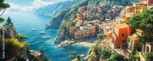 Famous cliffside village overlooking a deep blue ocean, Mediterranean vibe, Scenic Landmarks, Coastal Charm