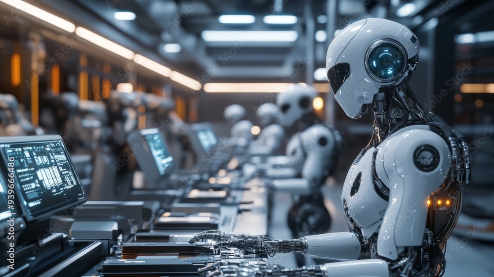 A futuristic factory where robots and AI-powered systems are working together seamlessly, showcasing the potential for AI to revolutionize manufacturing A futuristic factory where robots and AI-powered systems are working together seamlessly, showcasing the potential for AI to revolutionize manufacturing