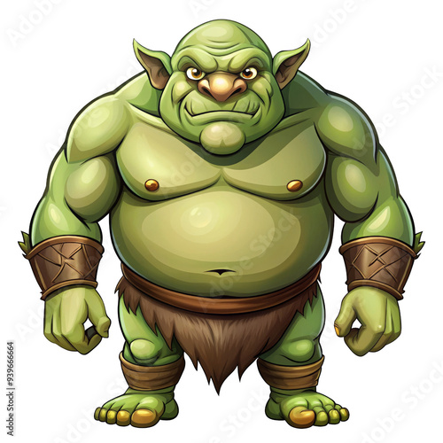 This cartoon illustration depicts a friendly ogre with a large belly, large ears, and a mischievous expression. The ogre is wearing a simple loincloth and is standing with his arms at his sides. This  photo