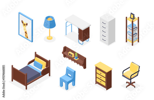 Isometric furniture for children room. Nursery interior accessories, lamp bed chair desk shelf picture in frame. Apartment elements flawless vector set