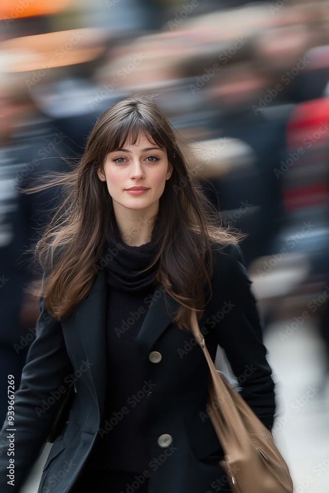 Young woman walking confidently through a busy urban street in fall Young woman walking confidently through a busy urban street in fall