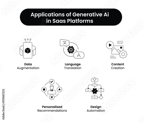 AI-Powered SaaS Solutions Icon Set - Featuring Data Augmentation, Language Translation, Content Creation, and Design Automation. Vector Icons.
