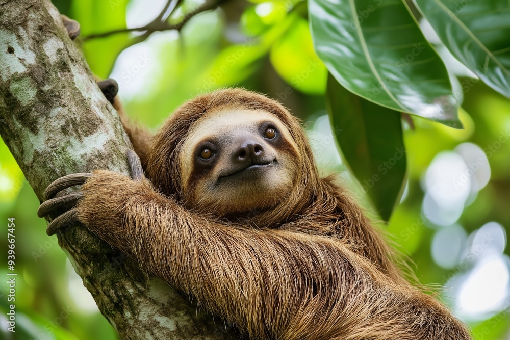 A leisurely sloth climbing a tree, surrounded by vibrant green foliage, depicting nature and wildlife in its habitat. A leisurely sloth climbing a tree, surrounded by vibrant green foliage, depicting nature and wildlife in its habitat.