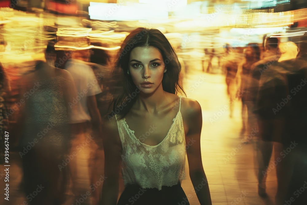 Young woman walking through a vibrant city street at night Young woman walking through a vibrant city street at night