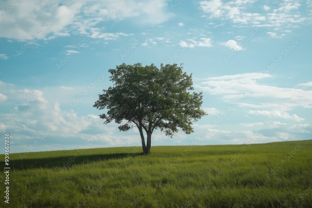 A single tree stands alone in the middle of a vast green landscape under a bright, partly cloudy sky on a sunny day. A single tree stands alone in the middle of a vast green landscape under a bright, partly cloudy sky on a sunny day.