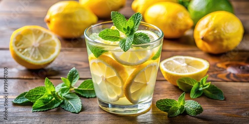 Refreshing glass of lemonade garnished with mint and lemon slices on wooden table. Generative AI