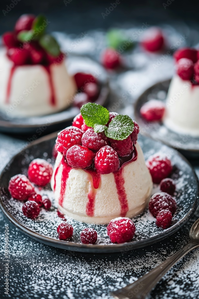 Mini panna cottas topped with fresh raspberries, raspberry sauce, dusted with powdered sugar and garnished with mint leaves. Mini panna cottas topped with fresh raspberries, raspberry sauce, dusted with powdered sugar and garnished with mint leaves.