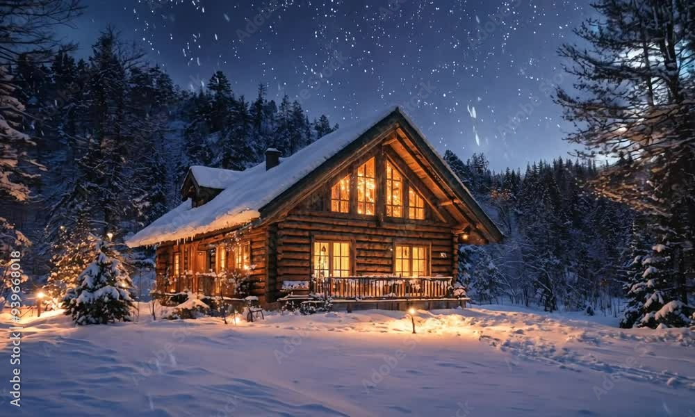 a cabin is lit up at night in the snow a cabin is lit up at night in the snow