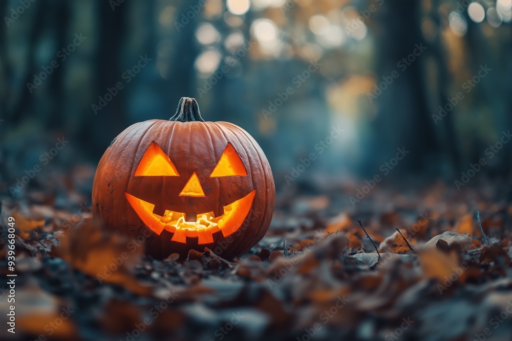 A Halloween jack-o'-lantern with a classic face is glowing brightly, set against a forest background with autumn leaves. A Halloween jack-o'-lantern with a classic face is glowing brightly, set against a forest background with autumn leaves.
