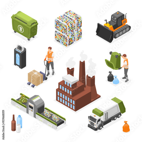 Isometric waste recycle. Trash bricks, composting transport and belt. Garbage recycle factory building, plastic bins and workers, flawless vector elements
