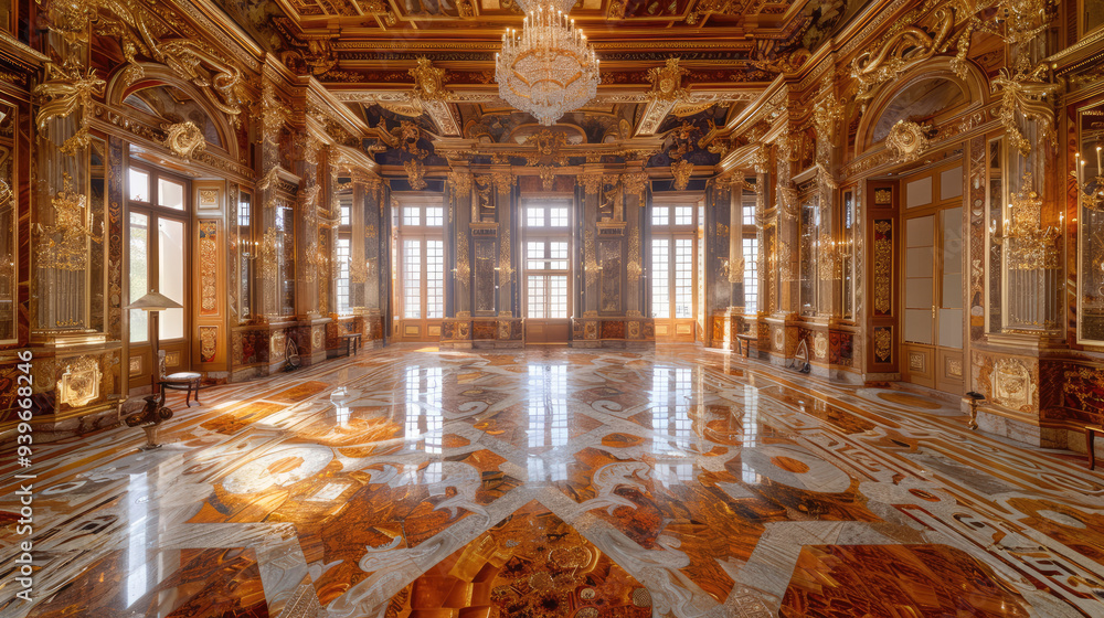 Fototapeta premium luxury palace gold chandelier baroque decoration in Germany Austria European palace room background