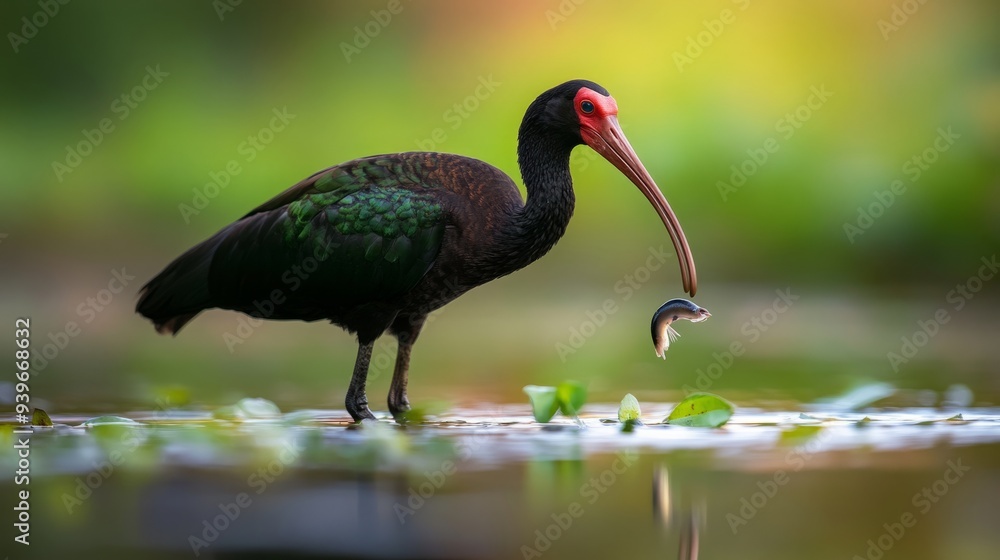 Fototapeta premium Critically endangered Northern Bald Ibis foraging, Full shot on sandy riverbed, Bird's behavior and habitat in focus, Highlights urgent conservation efforts, Useful for environmental documentaries