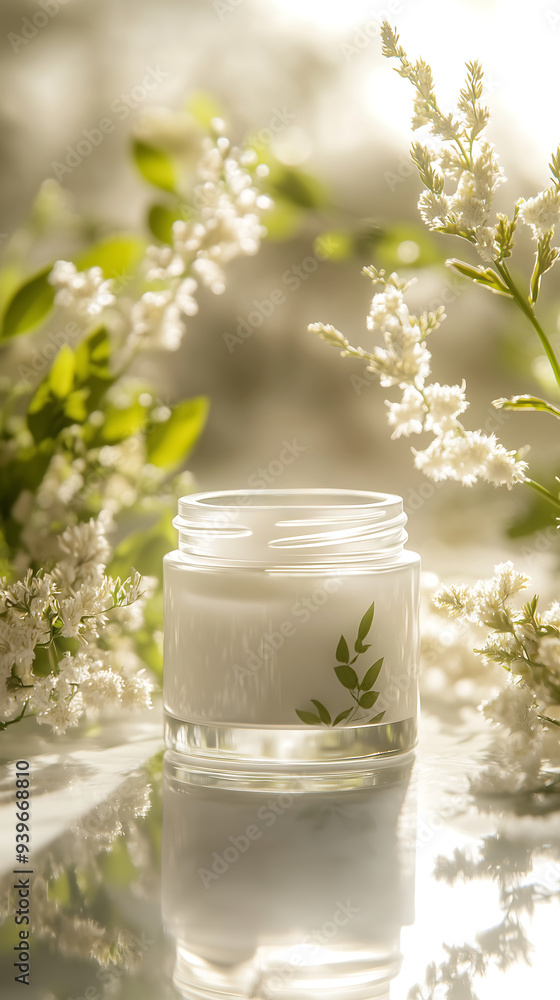 glass jar filled with cream surrounded by delicate white flowers and green leaves set in soft natural sunlight glass jar filled with cream surrounded by delicate white flowers and green leaves set in soft natural sunlight