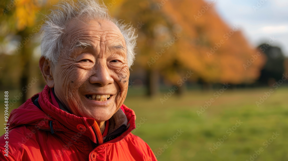 A close-up photograph of an elderly man in a red jacket, smiling while stretching in a group exercise session