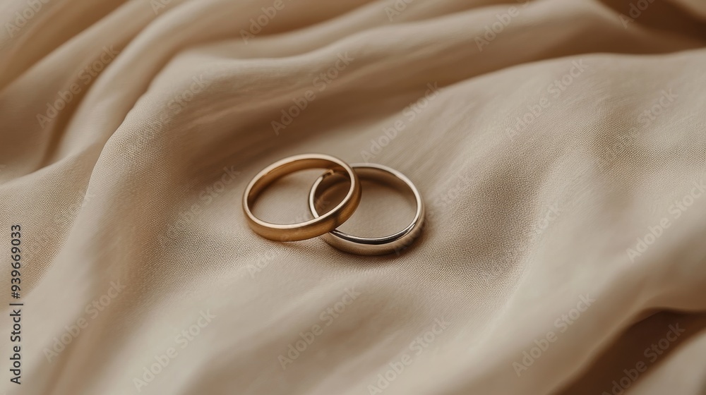 Close-up of gold wedding rings on beige fabric, symbol of love and commitment concept Close-up of gold wedding rings on beige fabric, symbol of love and commitment concept