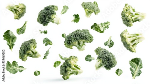 Fresh broccoli florets and leaves on a white background, healthy food concept