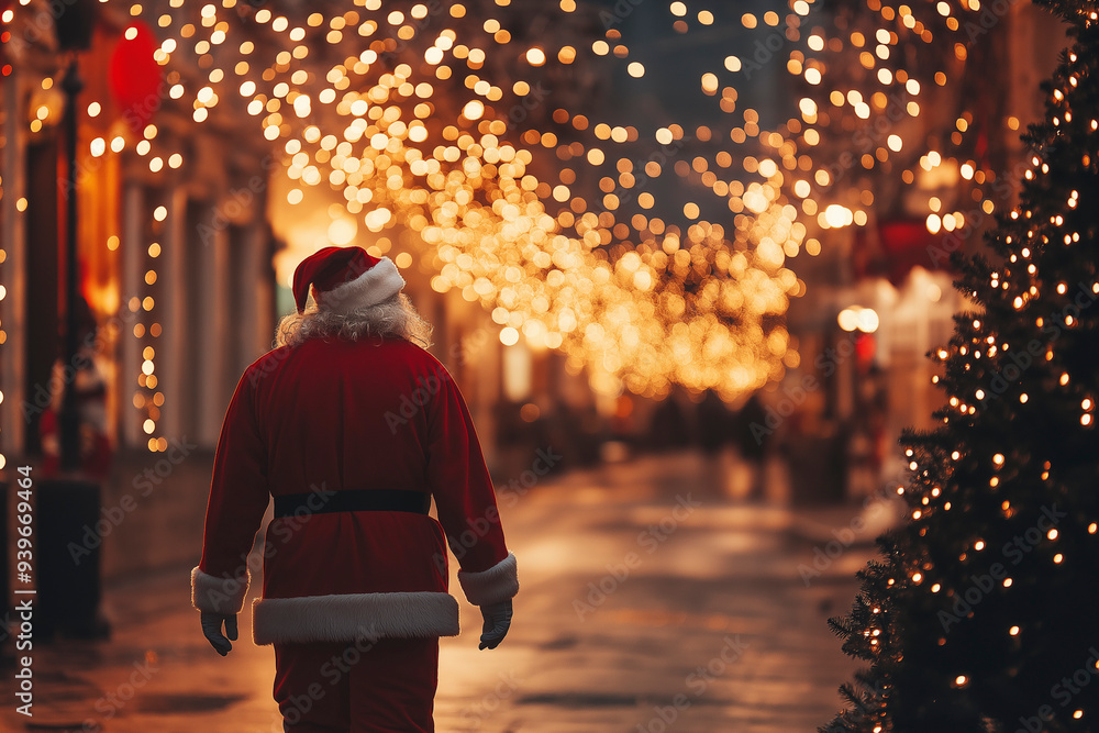 Santa Claus walking down city street. View from back Santa Claus walking down city street. View from back