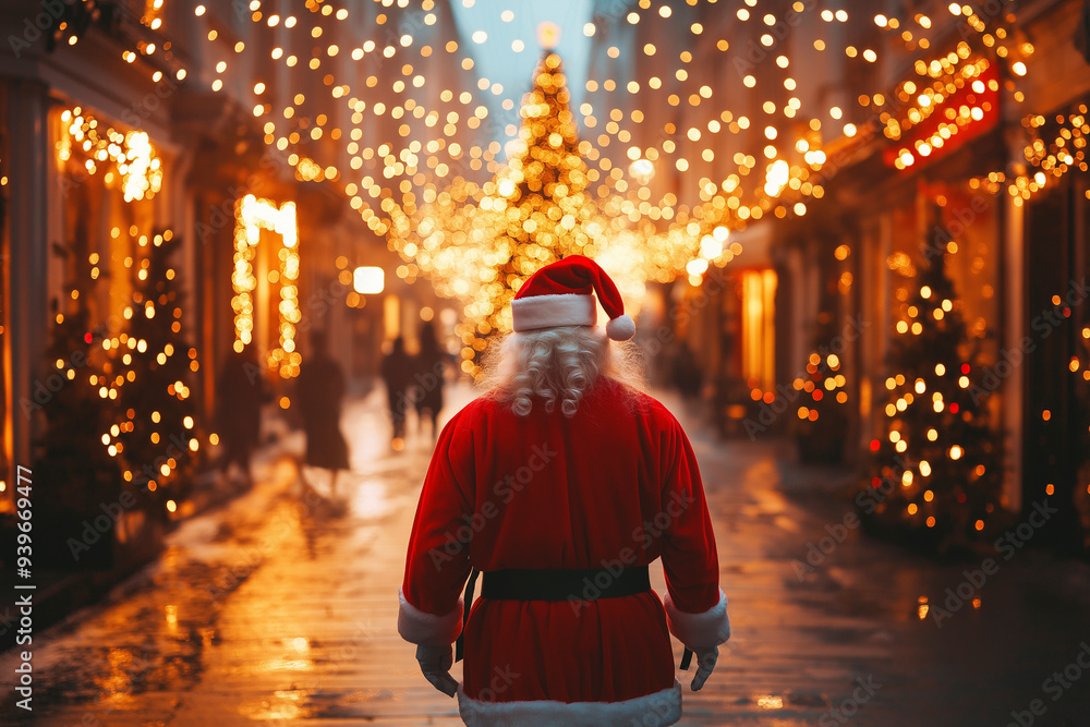 Santa Claus walking down city street. View from back Santa Claus walking down city street. View from back