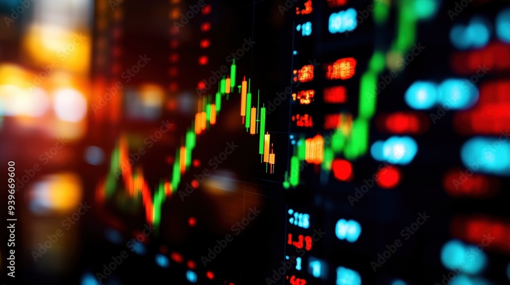 Close-up image of a digital stock market chart showing financial data and trends with colorful lines and numbers. Close-up image of a digital stock market chart showing financial data and trends with colorful lines and numbers.