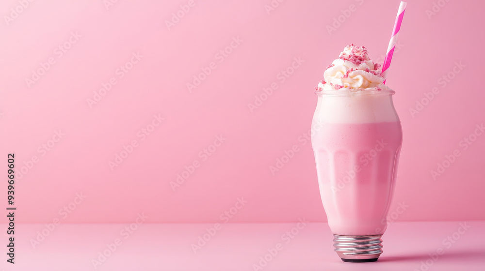 Pink milkshake with whipped cream and colorful sprinkles in a vintage glass on a pastel pink background, studio shot. Refreshing summer drink concept Pink milkshake with whipped cream and colorful sprinkles in a vintage glass on a pastel pink background, studio shot. Refreshing summer drink concept