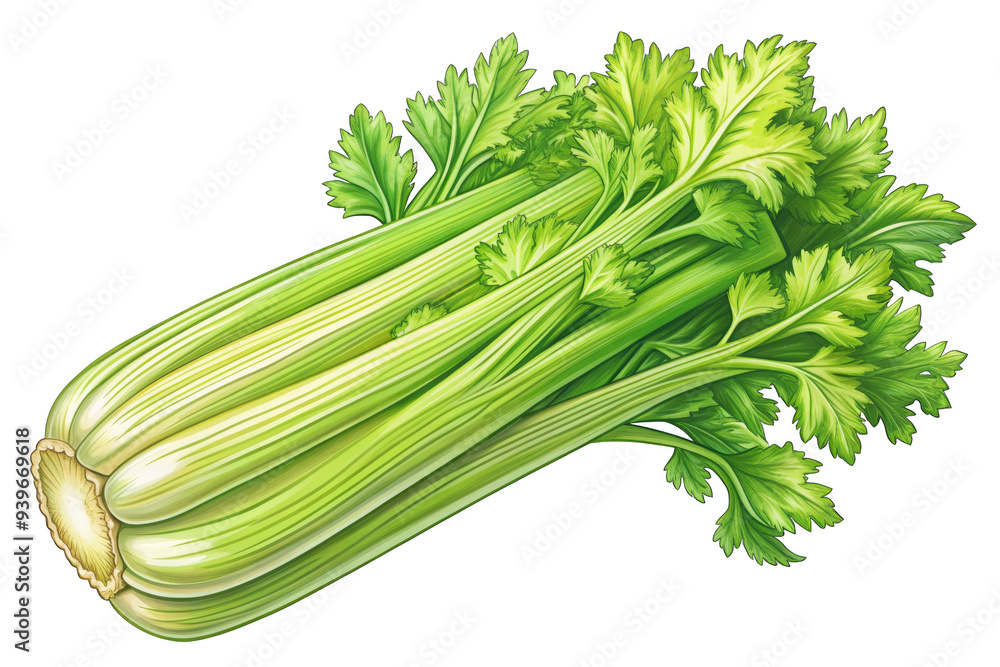Fototapeta premium A vibrant, hand-drawn illustration of a bunch of fresh celery stalks. The celery is depicted in a realistic style, showcasing its crisp texture and bright green color. It symbolizes health, vitality, 