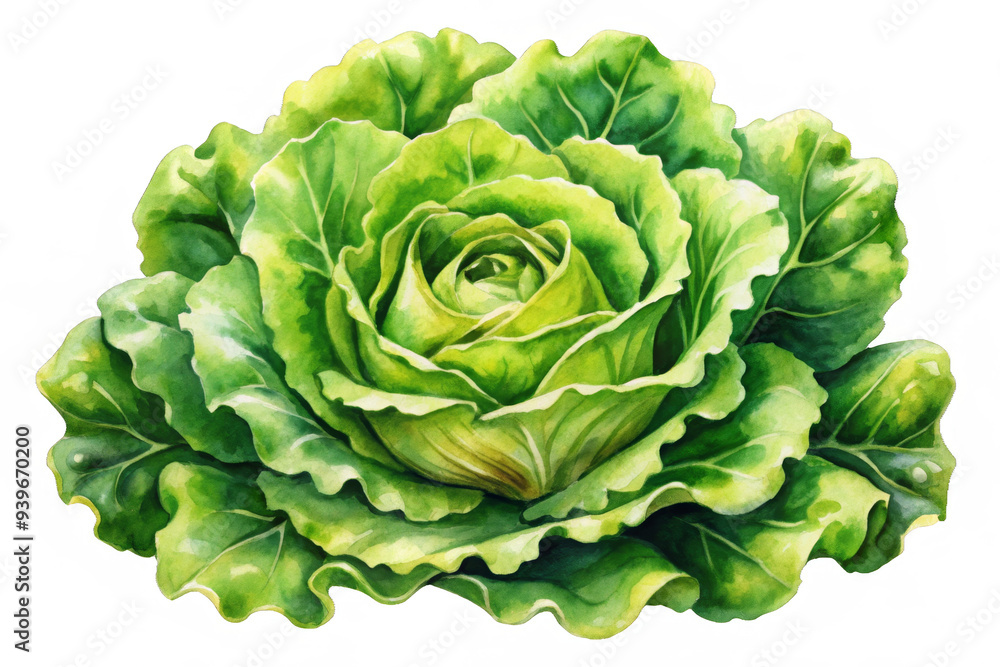 Obraz premium A vibrant watercolor illustration of a fresh green lettuce, symbolizing health, vitality, growth, and the beauty of nature. The image evokes a sense of freshness and natural goodness.