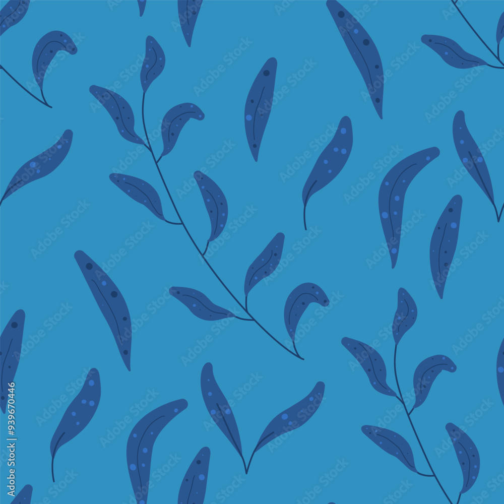 Leaves seamless pattern. foliage monochrome endless background. Blue leaf and branch repeat cover. Simple continuous ornament. Vector hand drawn flat illustration. Leaves seamless pattern. foliage monochrome endless background. Blue leaf and branch repeat cover. Simple continuous ornament. Vector hand drawn flat illustration.