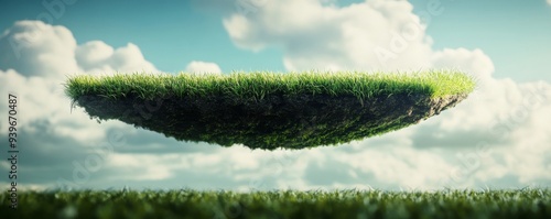 Floating grass island in the sky with clouds, fantasy landscape concept photo