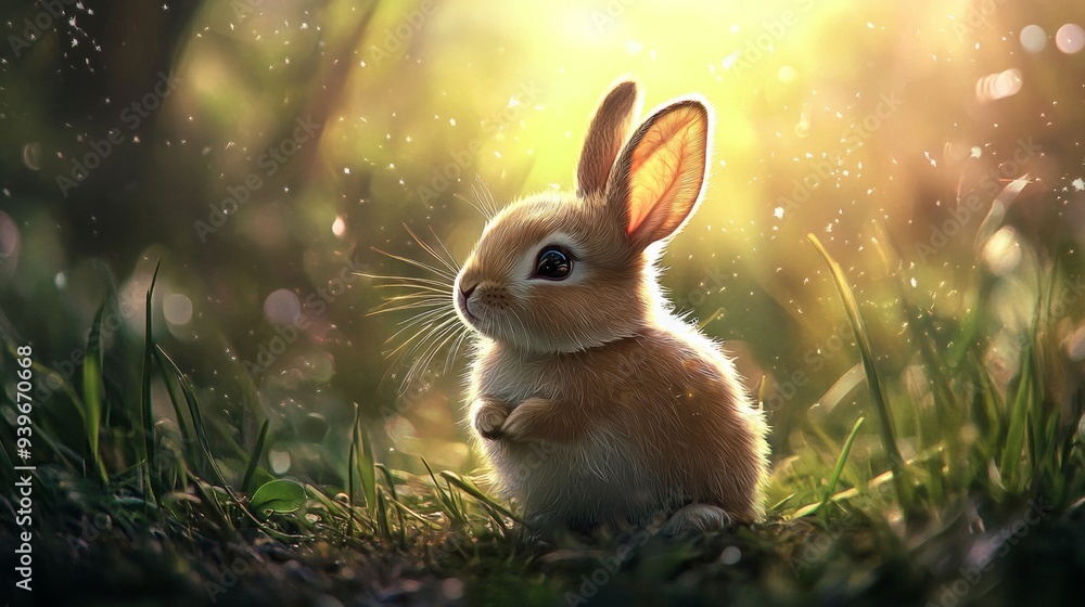 Young rabbit sitting in grass at sunset, magical nature scene. Wildlife and nature photography concept Young rabbit sitting in grass at sunset, magical nature scene. Wildlife and nature photography concept