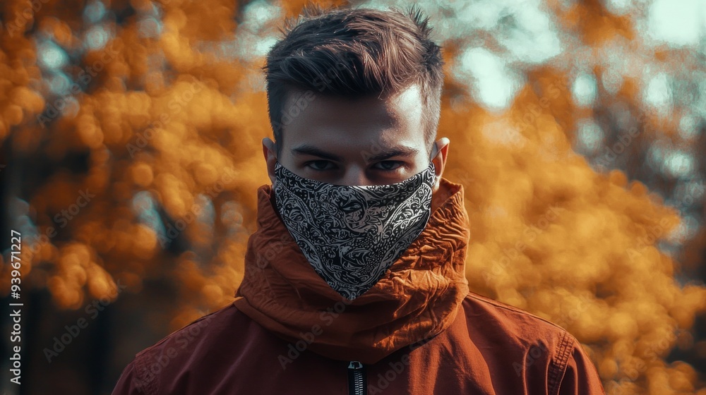 Bad guy looking at the camera with his mouth covered by a bandana. Outdoors Bad guy looking at the camera with his mouth covered by a bandana. Outdoors