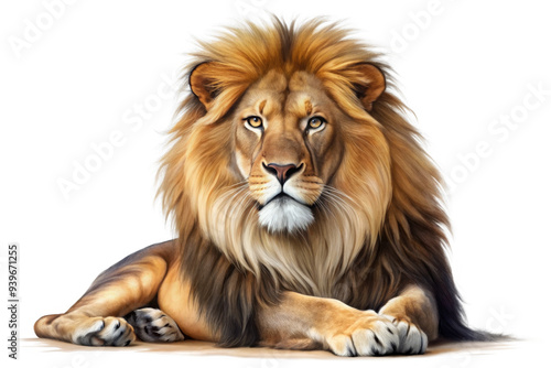 A majestic lion with a flowing mane, gazing intensely at the viewer. This illustration represents strength, power, leadership, and the wild beauty of nature.